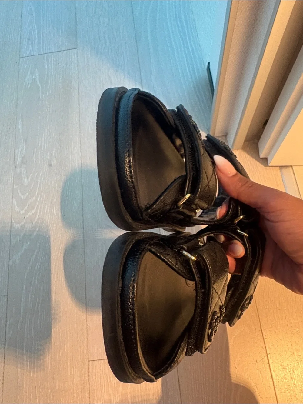 Black Quilted Leather Kids Velcro Strap Sandals